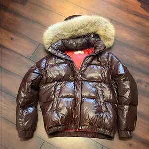Michael Kors Brown Glossy Puffer Jacket with Fur Trim new